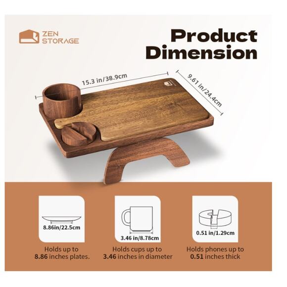 Acacia Wood Couch Arm Table Tray with Charcuterie Board & Phone Holder, Cup Slot - Picture 2 of 9